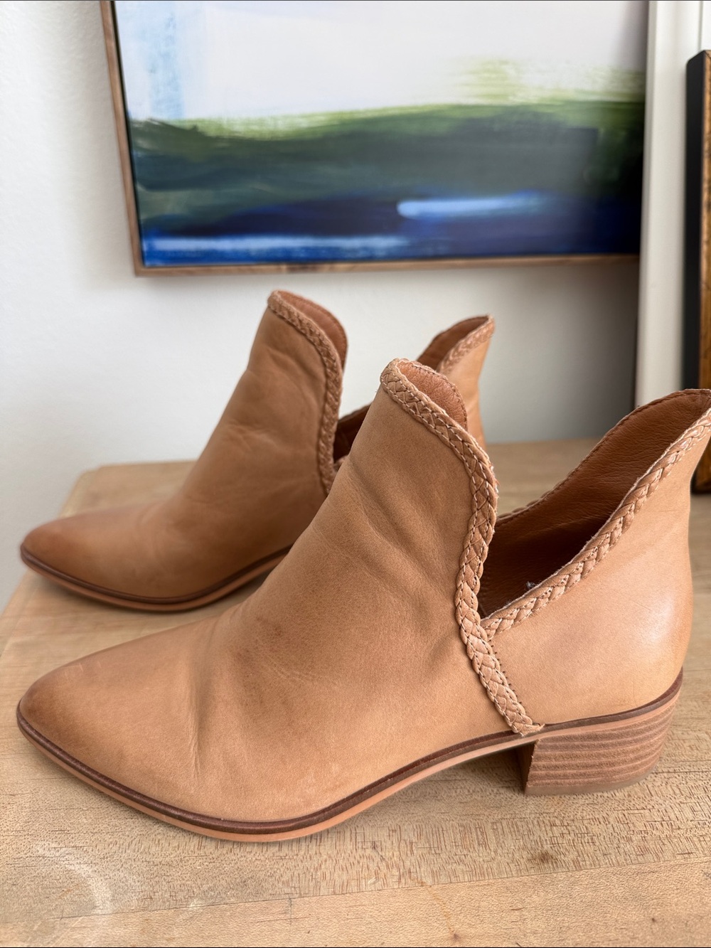 Lucky Brand Tan Braided-Trim Leather Ankle Booties